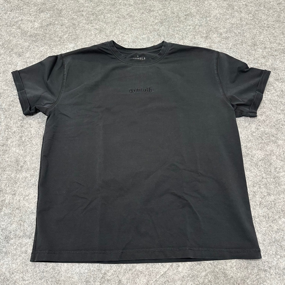 YoungLA 418 Resist Tee Mens Large Black Gym Shirt Gothic Logo Rolled Cuff Cotton